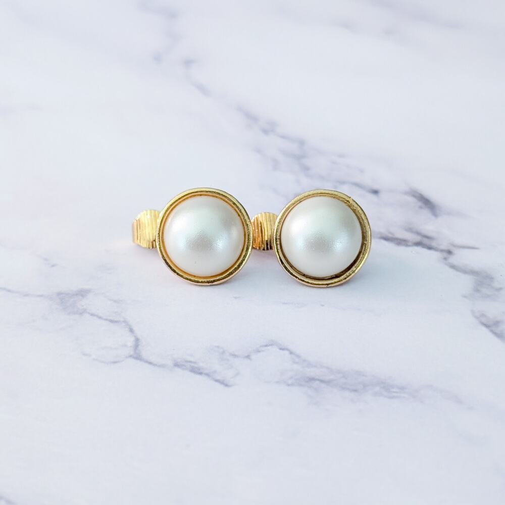 Vintage Clip On Earrings 5/8" Faux Pearl with Gold Tone Halo
